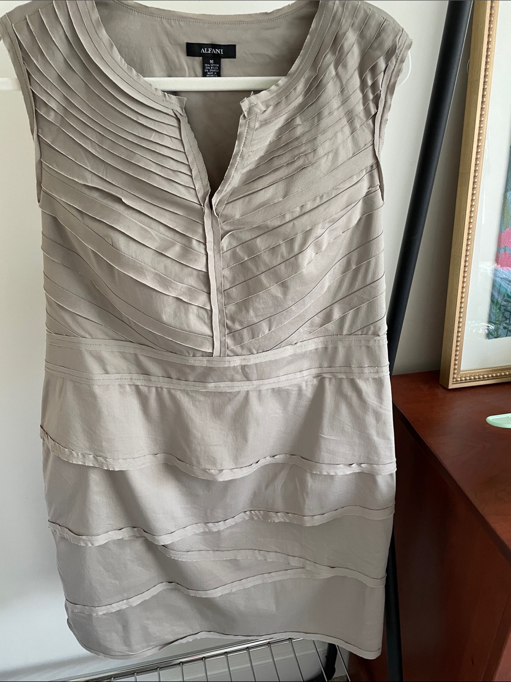 Alfani Layered Pleat V-Neck Midi Dress in Taupe